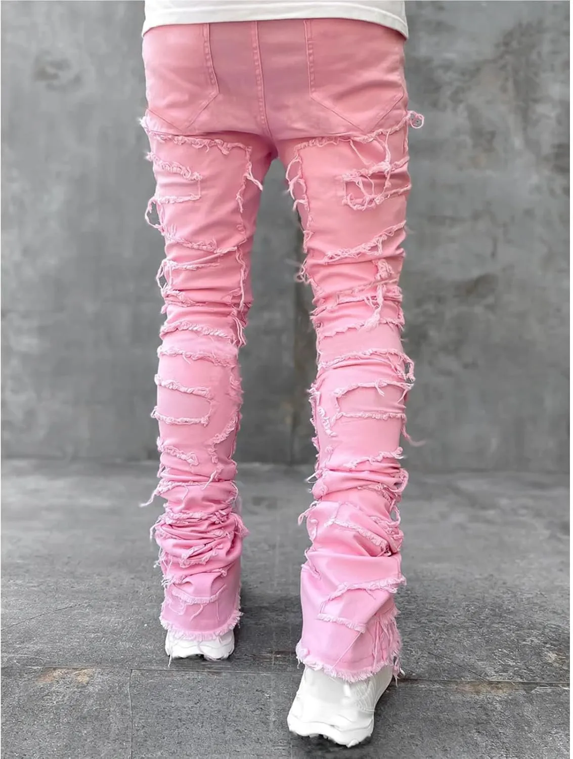 Jeans Men Stacked Jeans Ripped Jeans Comfort Skinny Biker Denim Pants Patch Distressed Destroyed Denim Trousers