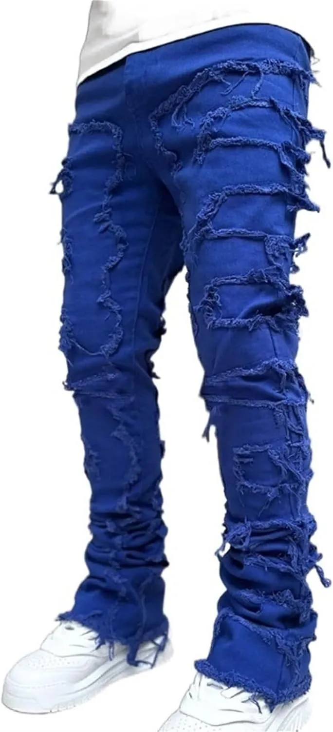 Jeans Men Stacked Jeans Ripped Jeans Comfort Skinny Biker Denim Pants Patch Distressed Destroyed Denim Trousers
