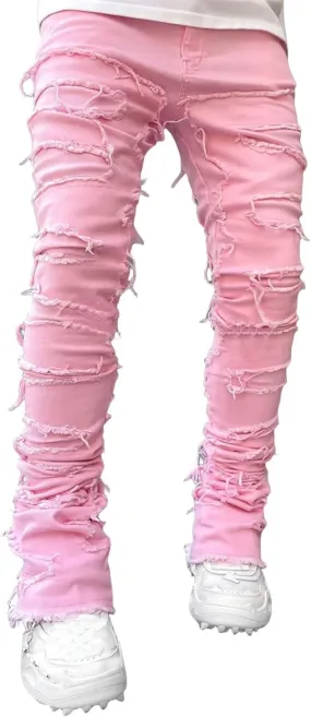 Jeans Men Stacked Jeans Ripped Jeans Comfort Skinny Biker Denim Pants Patch Distressed Destroyed Denim Trousers