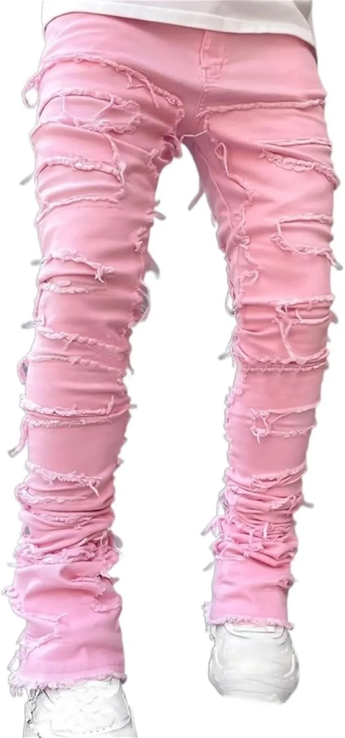 Jeans Men Stacked Jeans Ripped Jeans Comfort Skinny Biker Denim Pants Patch Distressed Destroyed Denim Trousers