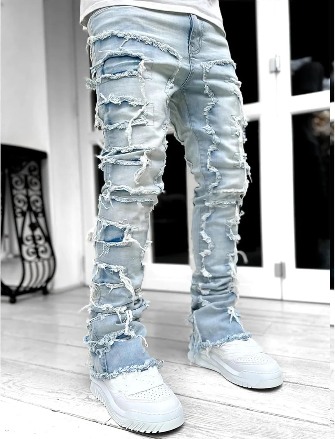 Jeans Men Stacked Jeans Ripped Jeans Comfort Skinny Biker Denim Pants Patch Distressed Destroyed Denim Trousers