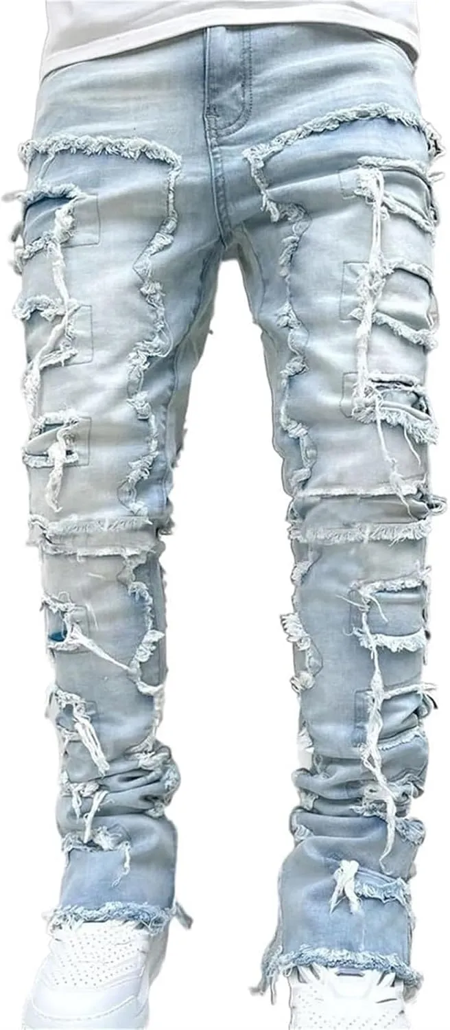 Jeans Men Stacked Jeans Ripped Jeans Comfort Skinny Biker Denim Pants Patch Distressed Destroyed Denim Trousers