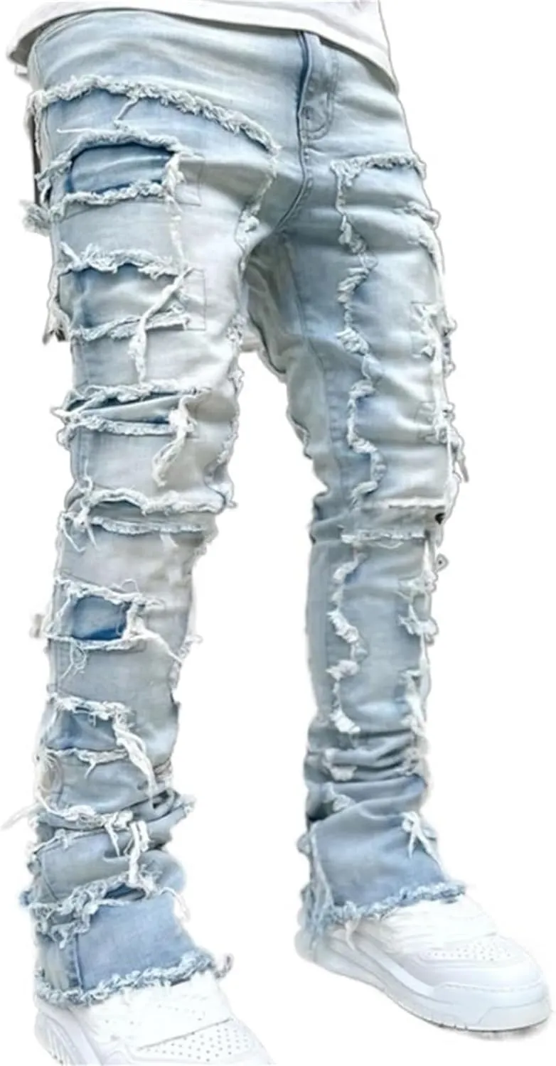 Jeans Men Stacked Jeans Ripped Jeans Comfort Skinny Biker Denim Pants Patch Distressed Destroyed Denim Trousers