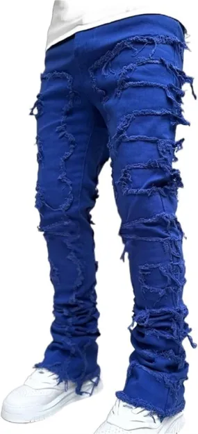 Jeans Men Stacked Jeans Ripped Jeans Comfort Skinny Biker Denim Pants Patch Distressed Destroyed Denim Trousers