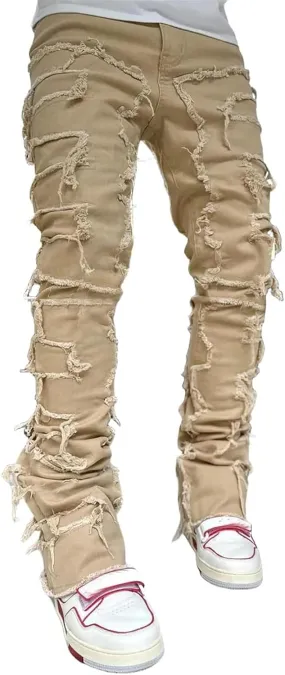 Jeans Men Stacked Jeans Ripped Jeans Comfort Skinny Biker Denim Pants Patch Distressed Destroyed Denim Trousers