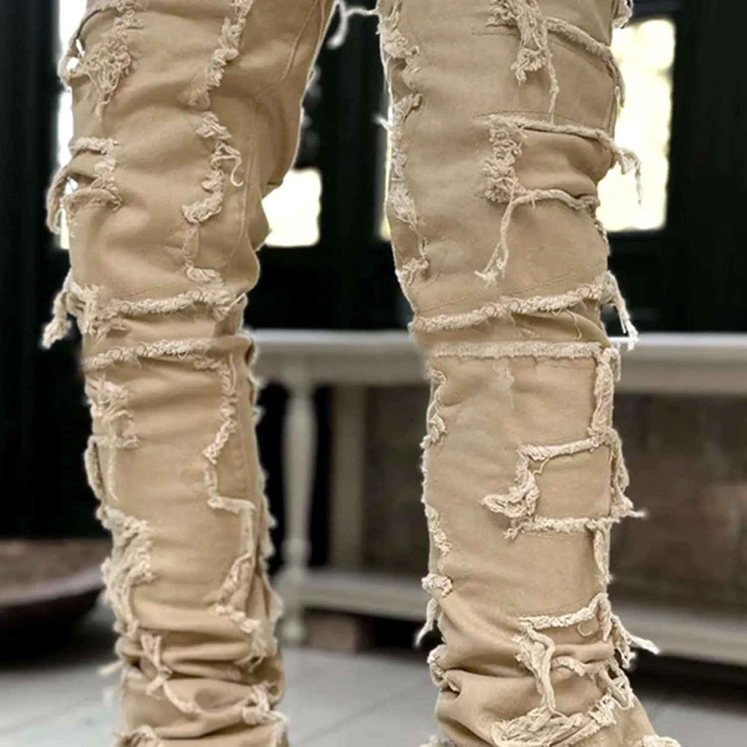 Jeans Men Stacked Jeans Ripped Jeans Comfort Skinny Biker Denim Pants Patch Distressed Destroyed Denim Trousers