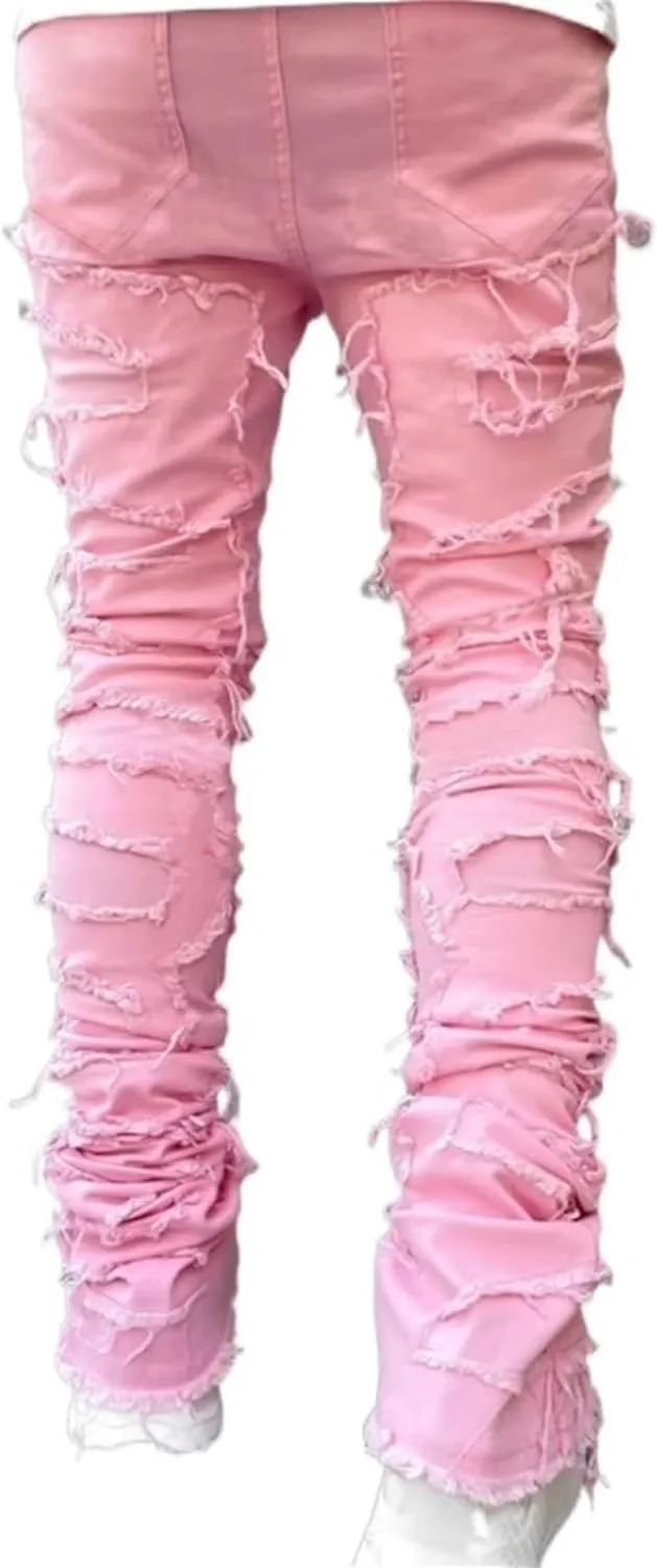 Jeans Men Stacked Jeans Ripped Jeans Comfort Skinny Biker Denim Pants Patch Distressed Destroyed Denim Trousers