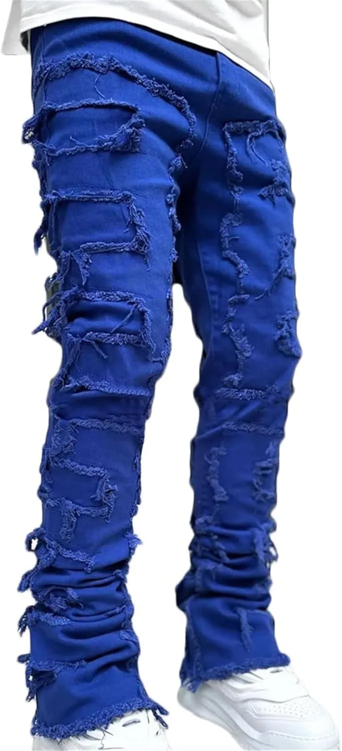 Jeans Men Stacked Jeans Ripped Jeans Comfort Skinny Biker Denim Pants Patch Distressed Destroyed Denim Trousers