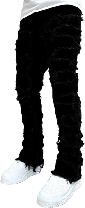 Jeans Men Stacked Jeans Ripped Jeans Comfort Skinny Biker Denim Pants Patch Distressed Destroyed Denim Trousers