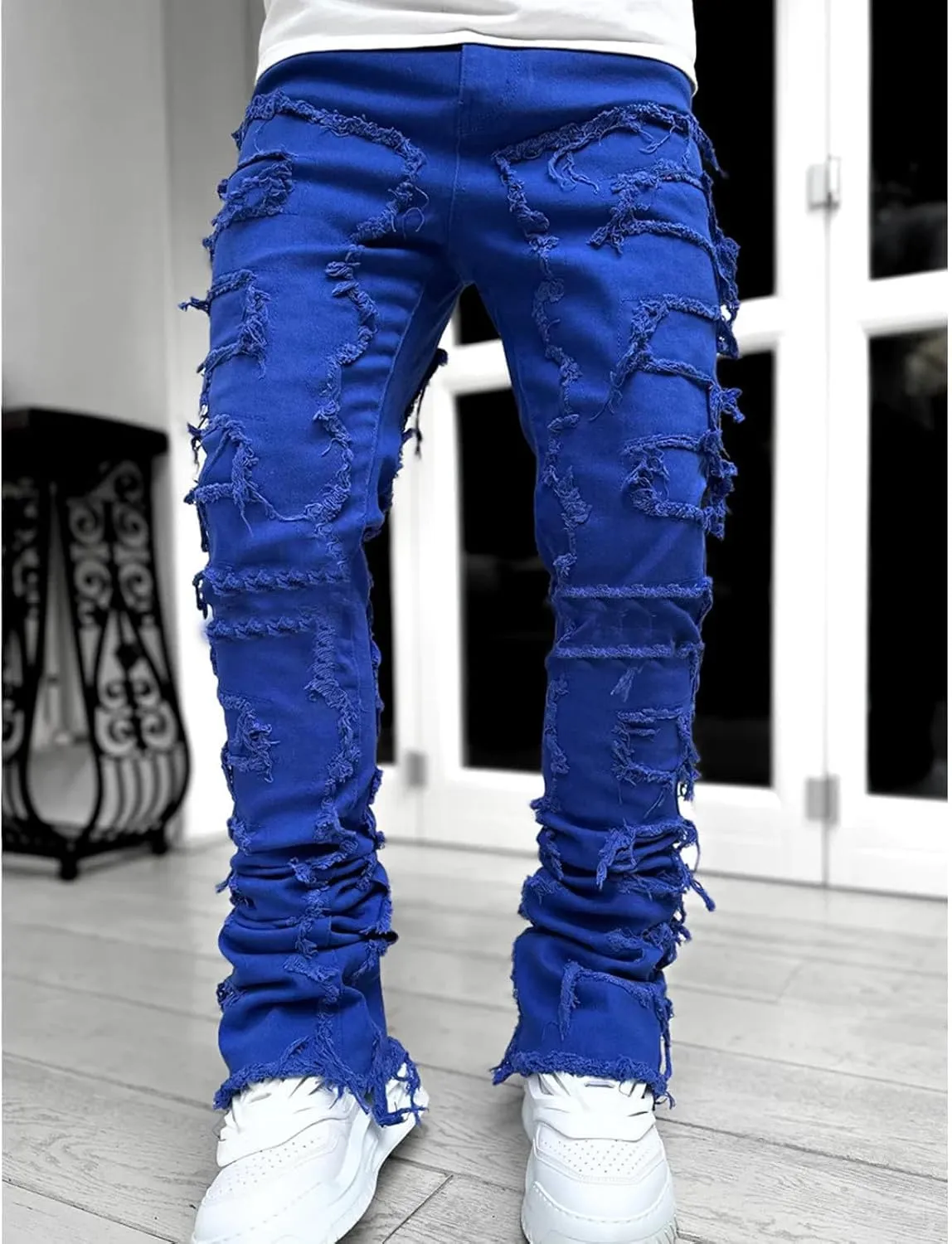 Jeans Men Stacked Jeans Ripped Jeans Comfort Skinny Biker Denim Pants Patch Distressed Destroyed Denim Trousers
