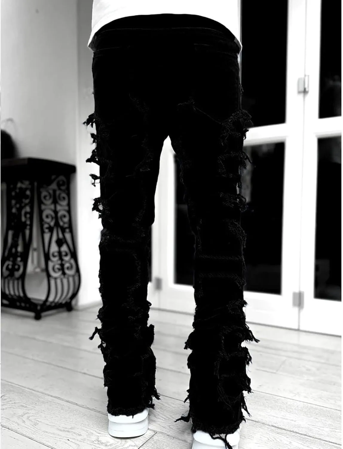 Jeans Men Stacked Jeans Ripped Jeans Comfort Skinny Biker Denim Pants Patch Distressed Destroyed Denim Trousers