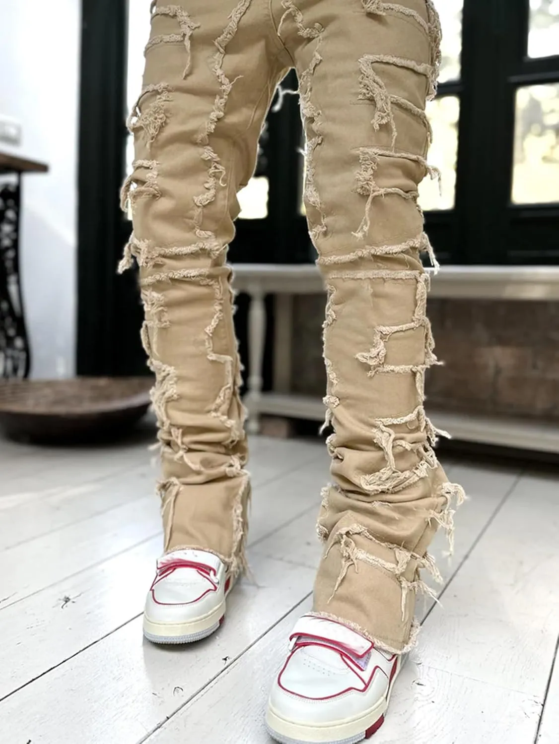 Jeans Men Stacked Jeans Ripped Jeans Comfort Skinny Biker Denim Pants Patch Distressed Destroyed Denim Trousers