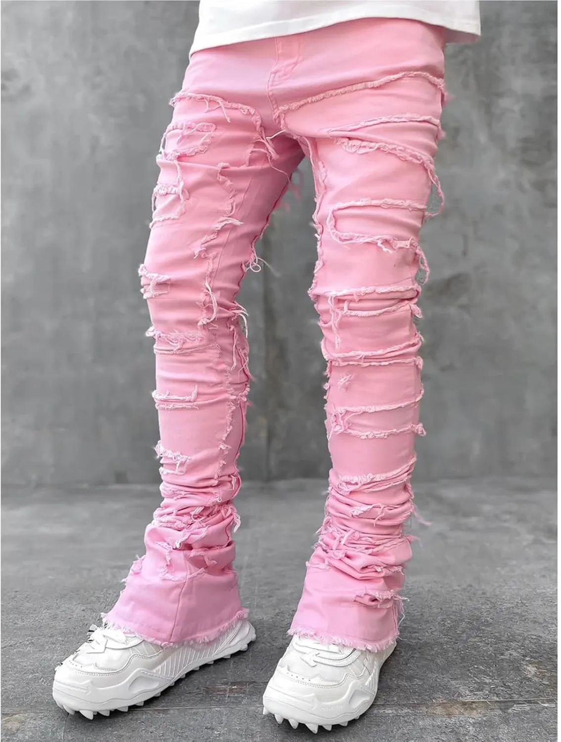 Jeans Men Stacked Jeans Ripped Jeans Comfort Skinny Biker Denim Pants Patch Distressed Destroyed Denim Trousers