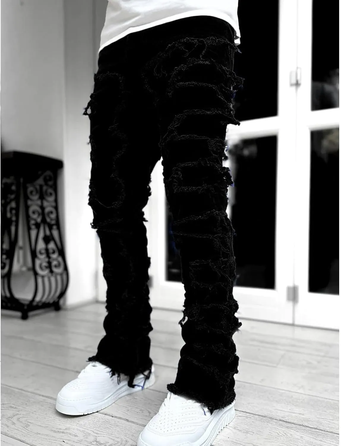 Jeans Men Stacked Jeans Ripped Jeans Comfort Skinny Biker Denim Pants Patch Distressed Destroyed Denim Trousers