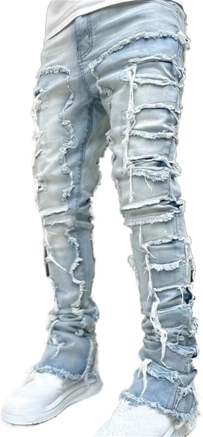 Jeans Men Stacked Jeans Ripped Jeans Comfort Skinny Biker Denim Pants Patch Distressed Destroyed Denim Trousers
