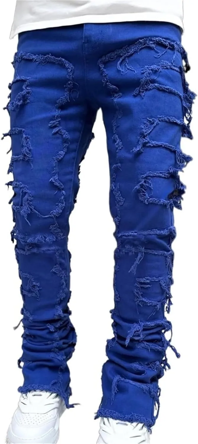 Jeans Men Stacked Jeans Ripped Jeans Comfort Skinny Biker Denim Pants Patch Distressed Destroyed Denim Trousers