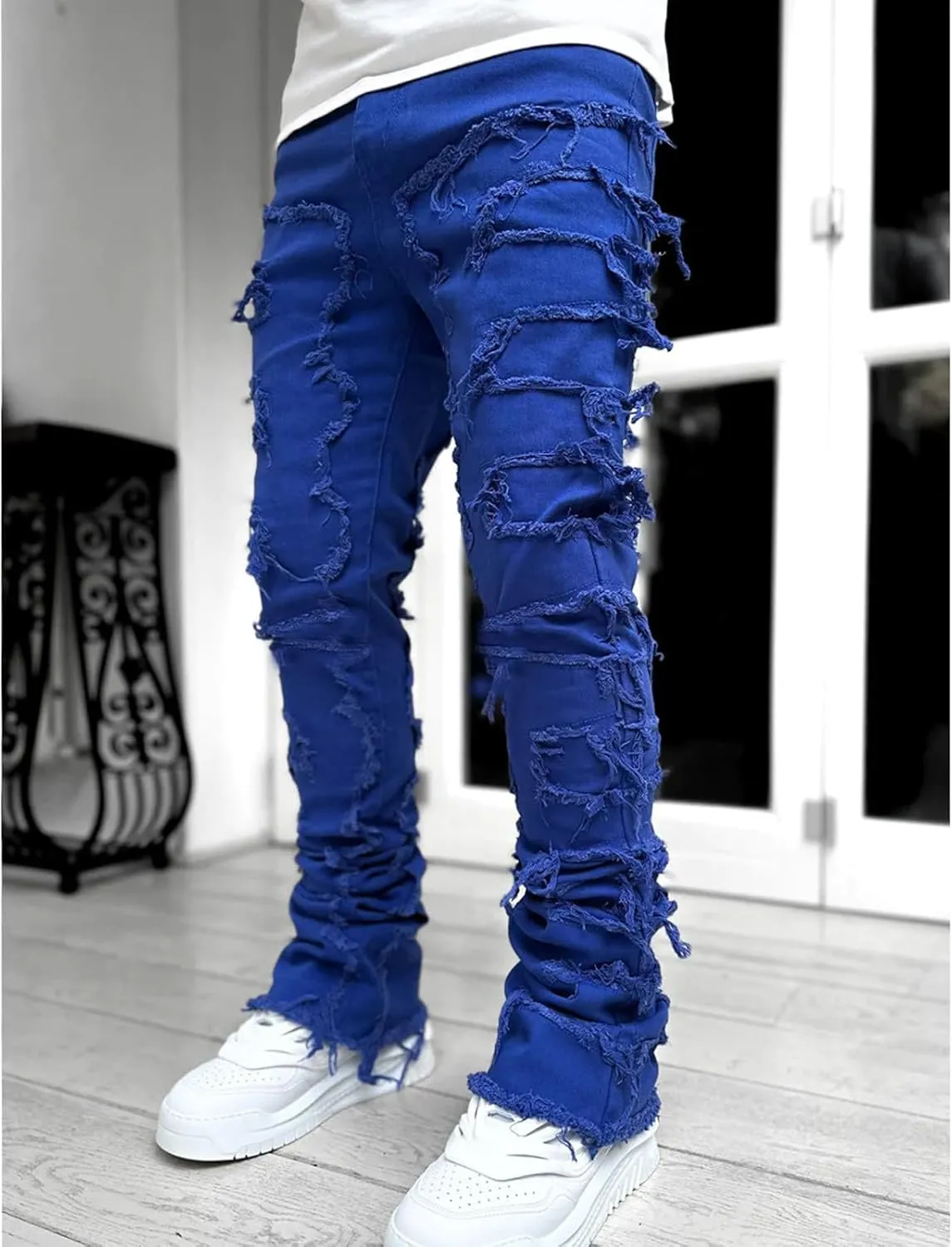 Jeans Men Stacked Jeans Ripped Jeans Comfort Skinny Biker Denim Pants Patch Distressed Destroyed Denim Trousers