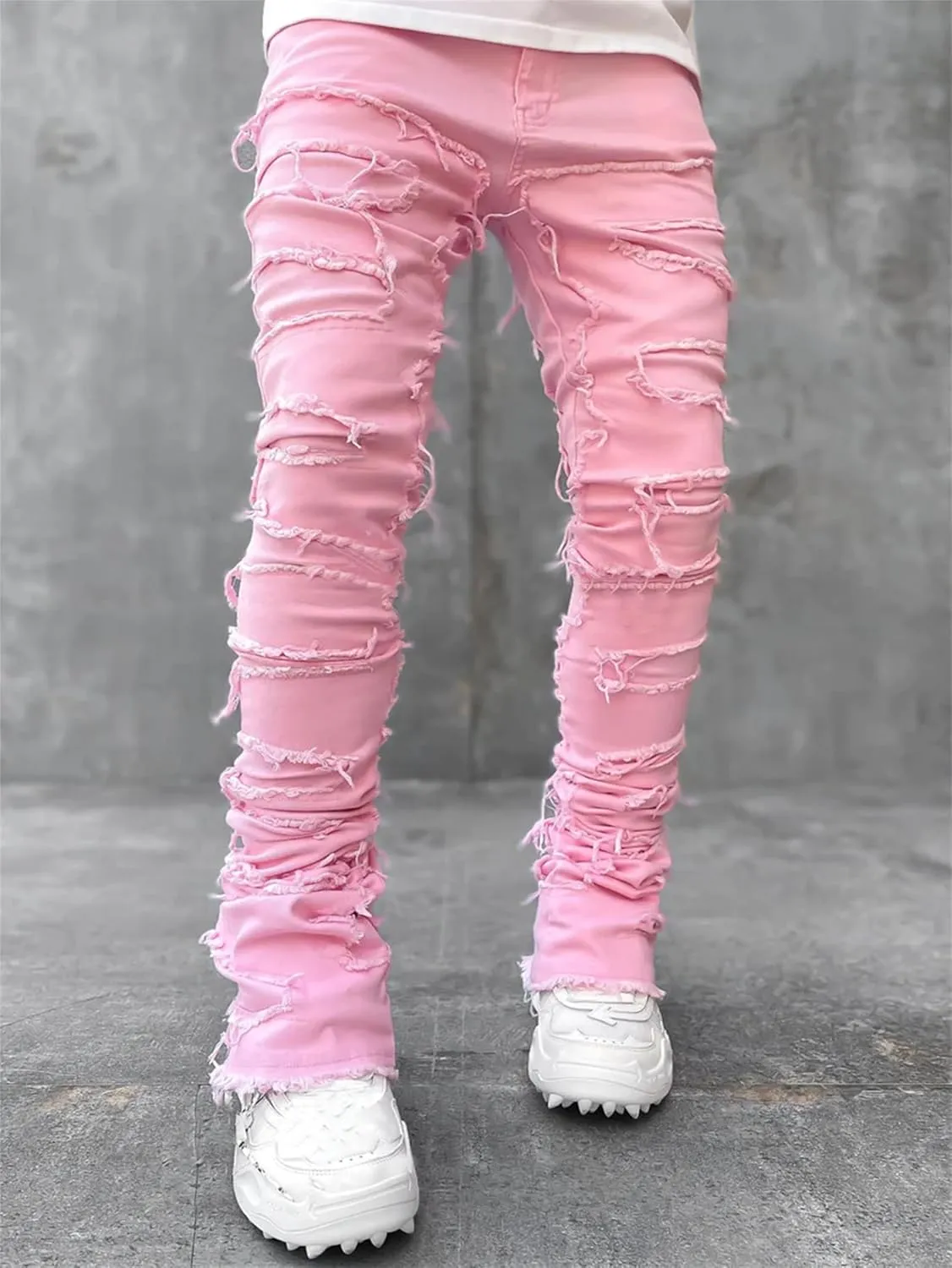 Jeans Men Stacked Jeans Ripped Jeans Comfort Skinny Biker Denim Pants Patch Distressed Destroyed Denim Trousers
