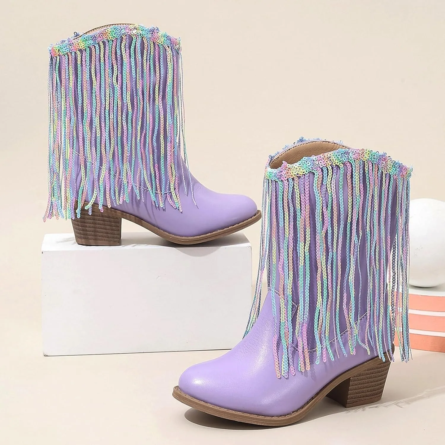 Kids Boots Fringe Cowboy Boots Round Toe Chunky Heel Tassel Cowgirl Boots Waterproof Fashion Party Western Mid Calf Boots