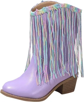 Kids Boots Fringe Cowboy Boots Round Toe Chunky Heel Tassel Cowgirl Boots Waterproof Fashion Party Western Mid Calf Boots