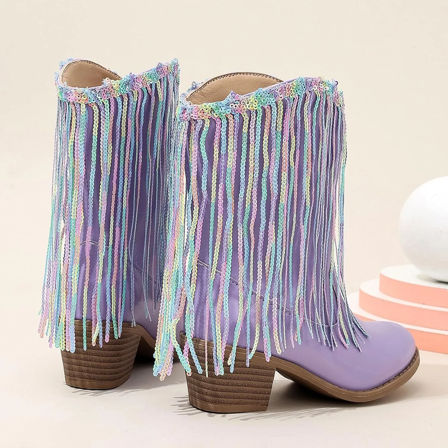Kids Boots Fringe Cowboy Boots Round Toe Chunky Heel Tassel Cowgirl Boots Waterproof Fashion Party Western Mid Calf Boots