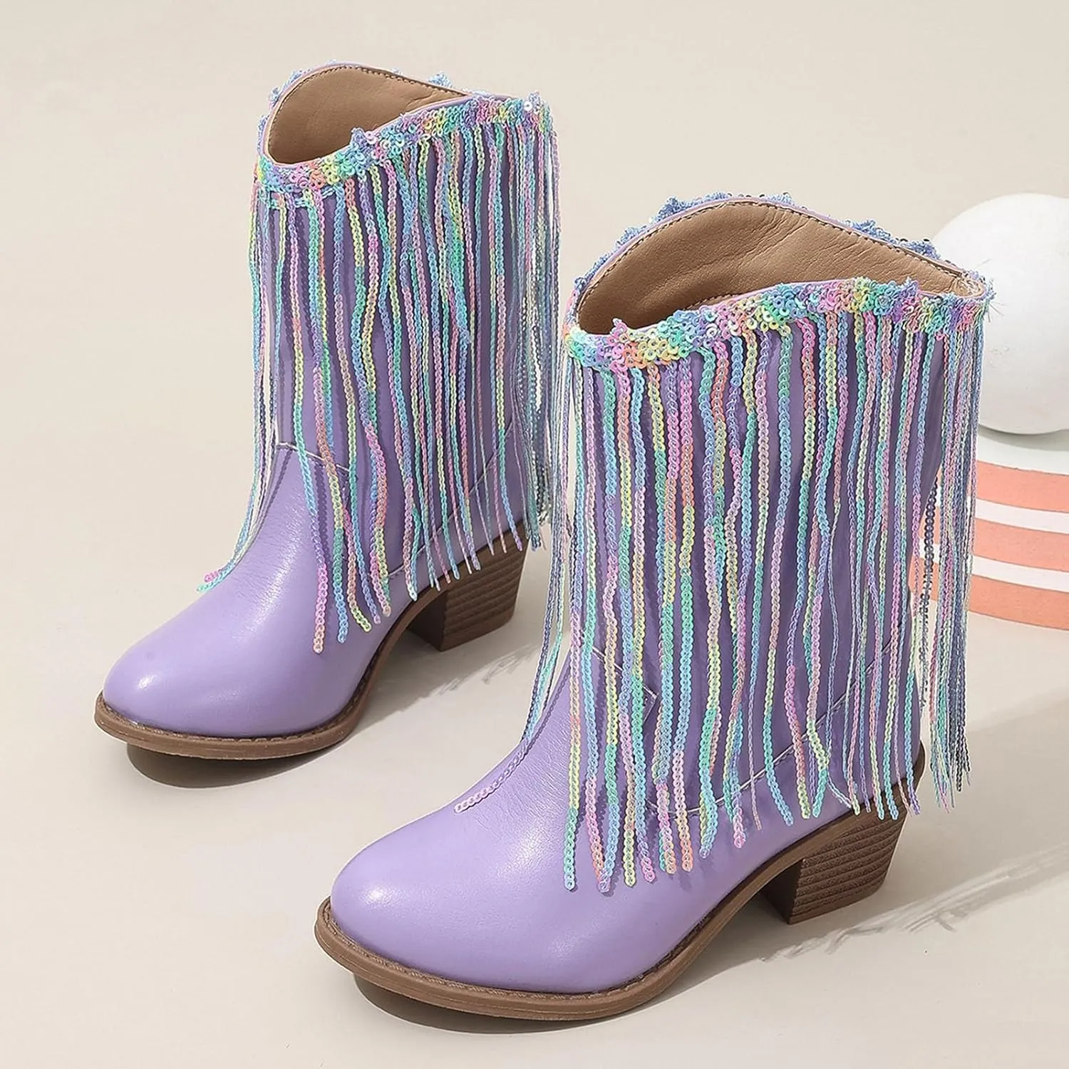 Kids Boots Fringe Cowboy Boots Round Toe Chunky Heel Tassel Cowgirl Boots Waterproof Fashion Party Western Mid Calf Boots