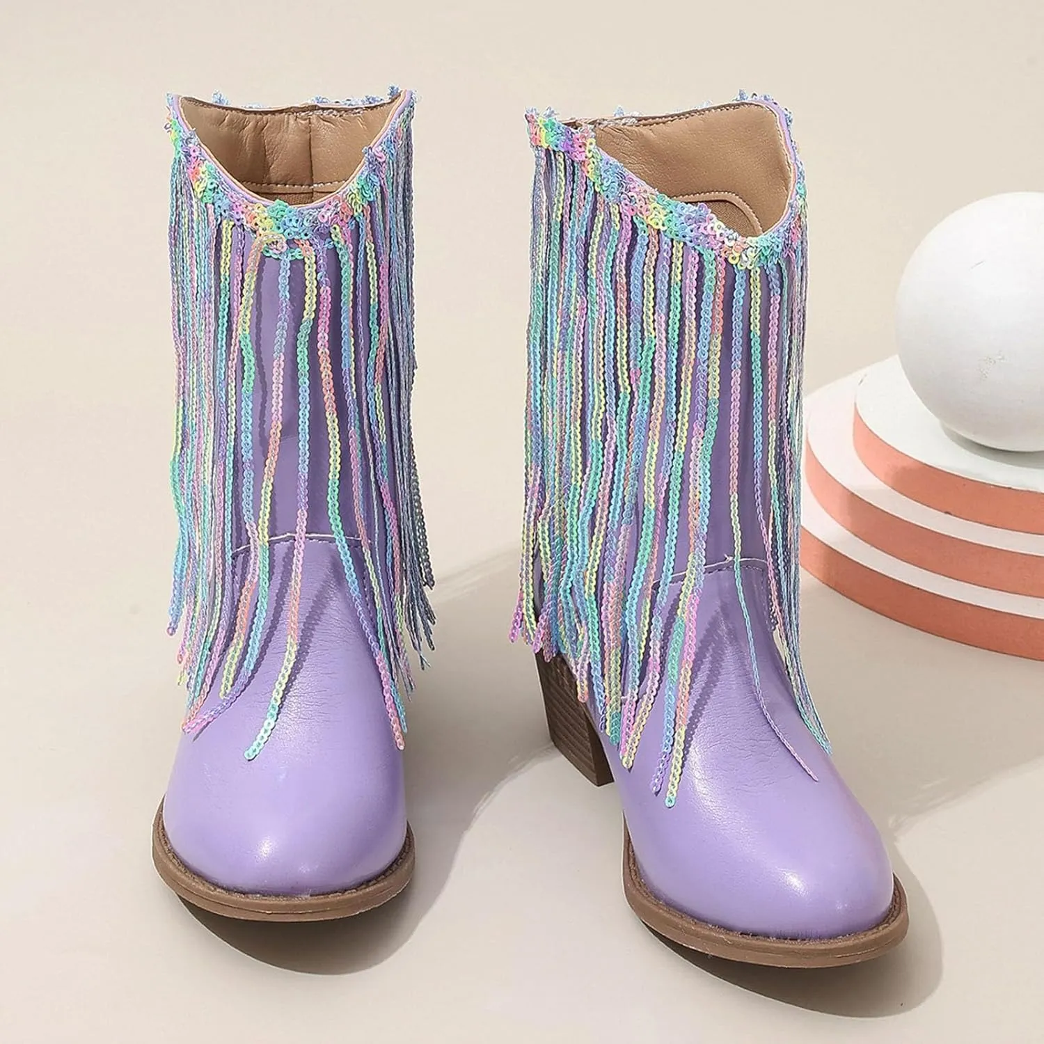 Kids Boots Fringe Cowboy Boots Round Toe Chunky Heel Tassel Cowgirl Boots Waterproof Fashion Party Western Mid Calf Boots