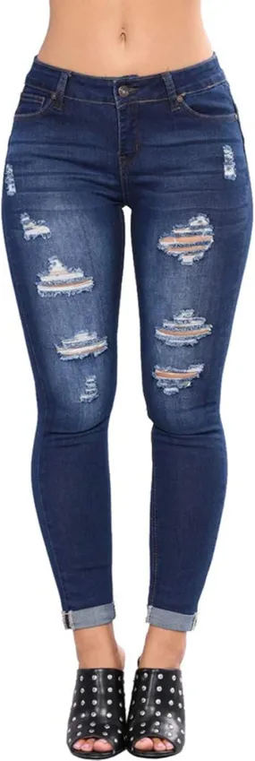 LONGBIDA Women's Stretch Ripped Jeans Skinny Distressed Destroyed Cuffed Denim Pants