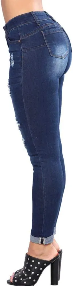 LONGBIDA Women's Stretch Ripped Jeans Skinny Distressed Destroyed Cuffed Denim Pants
