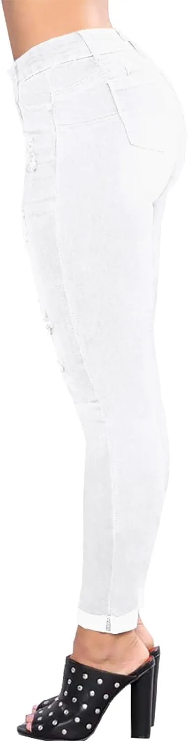 LONGBIDA Women's Stretch Ripped Jeans Skinny Distressed Destroyed Cuffed Denim Pants