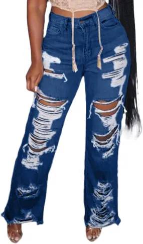 Lucuna Women's High Waisted Ripped Jeans Cut Out Destroyed Frayed Tassels Distressed Denim Pants