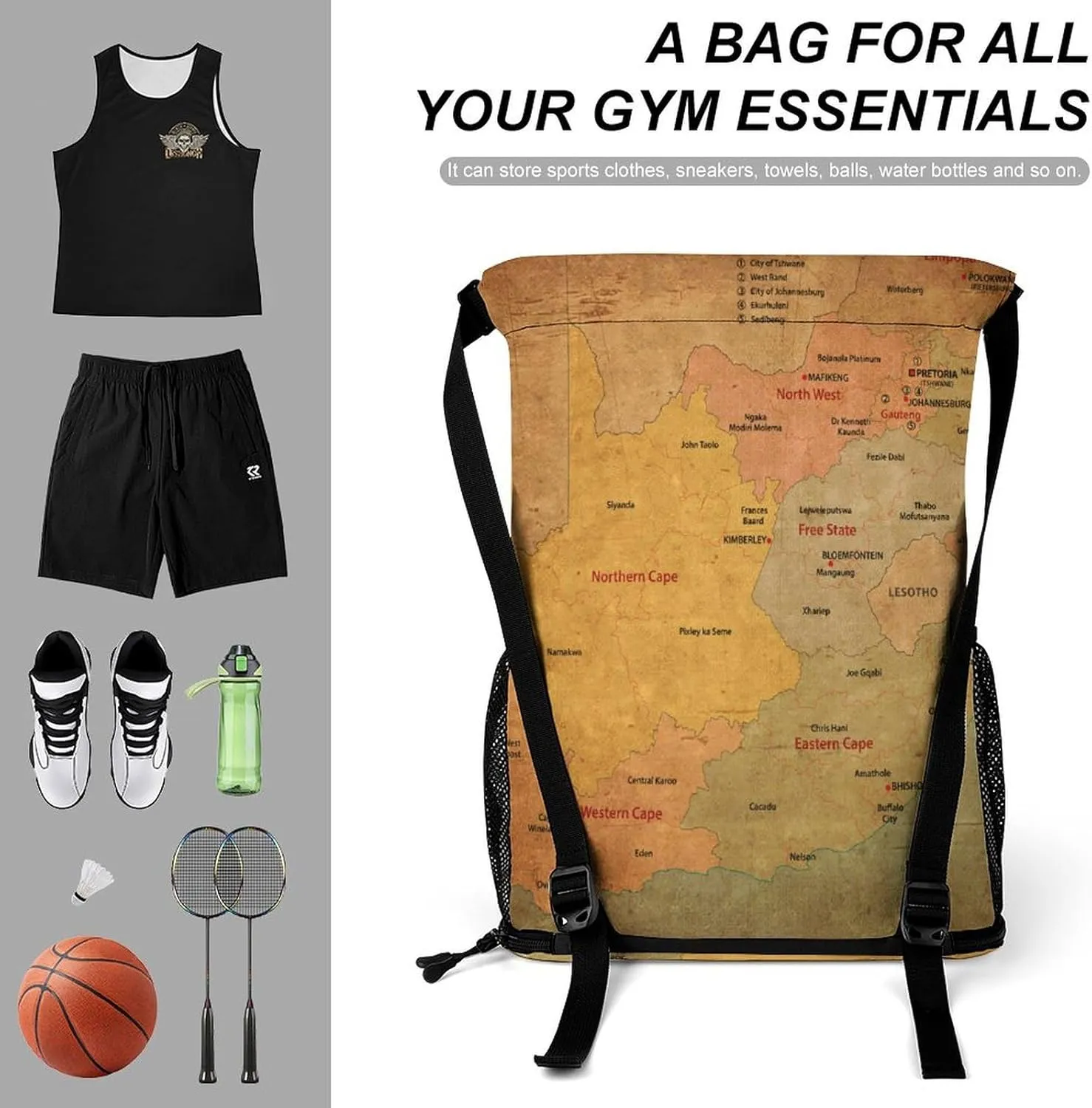 Map of South Africa Storage Bag Drawstring Sports Pocket Backpack, Shoe Bags, Multi-Function Bags