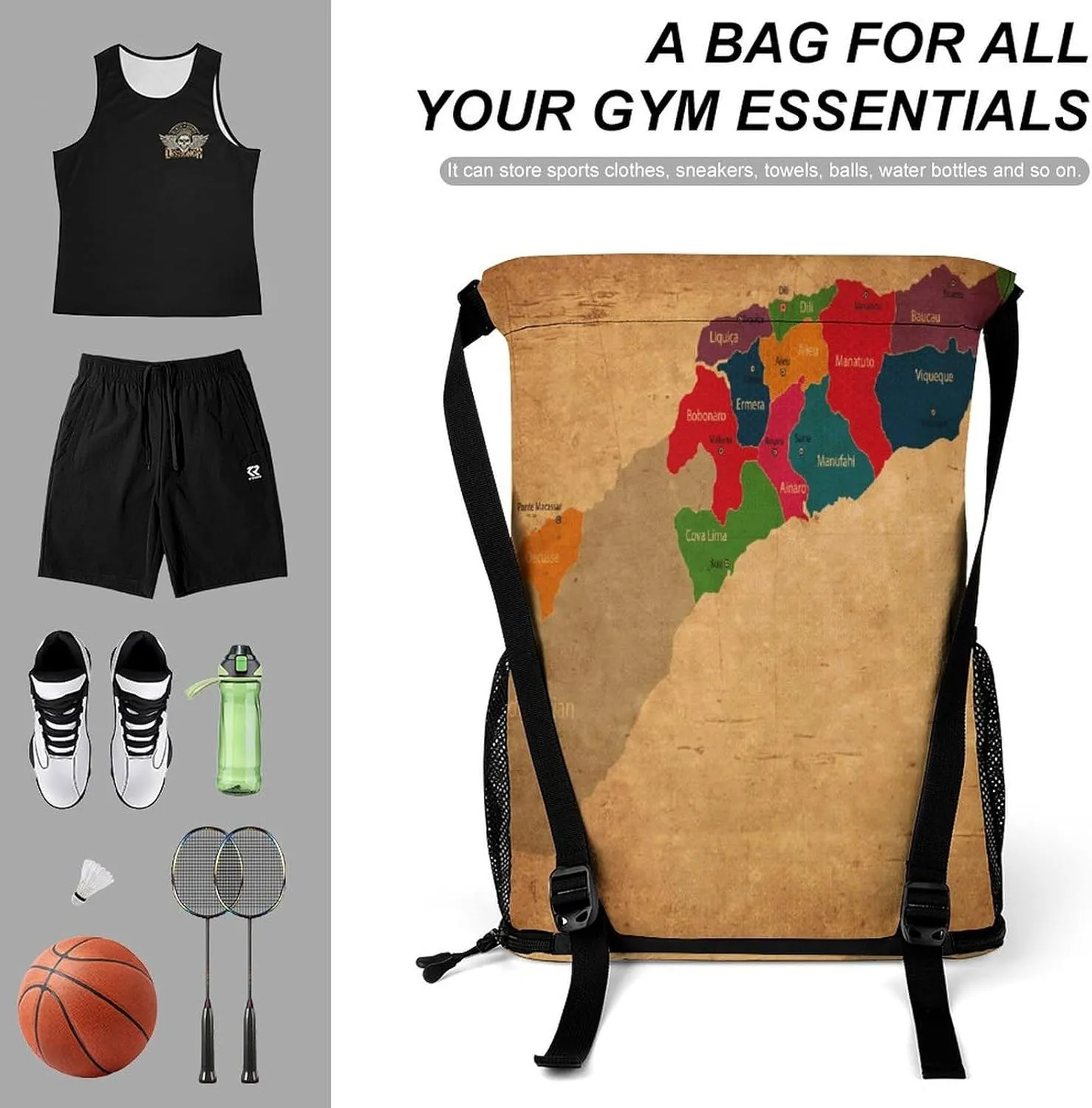 Map of Turkmenistan Storage Bag Drawstring Sports Pocket Backpack, Shoe Bags, Multi-Function Bags