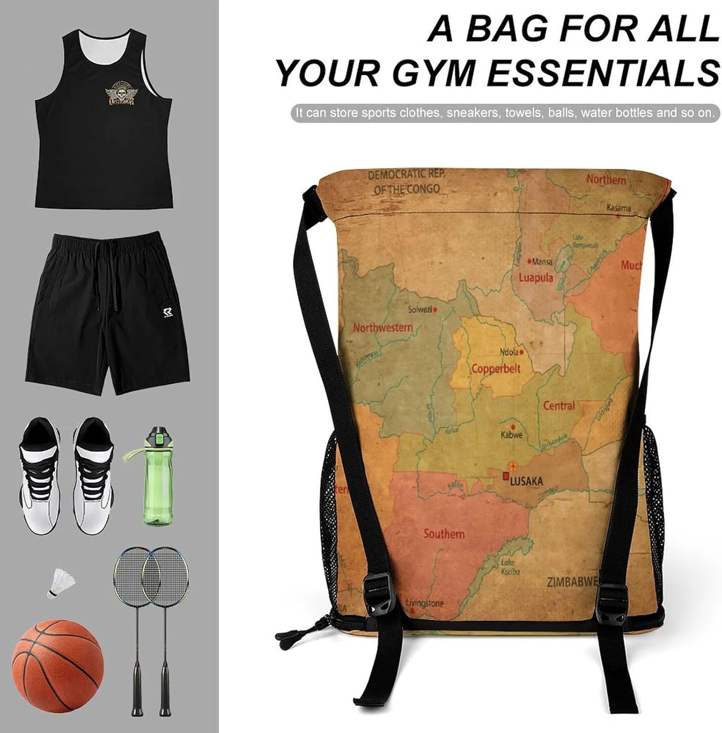 Map of Zambia Storage Bag Drawstring Sports Pocket Backpack, Shoe Bags, Multi-Function Bags