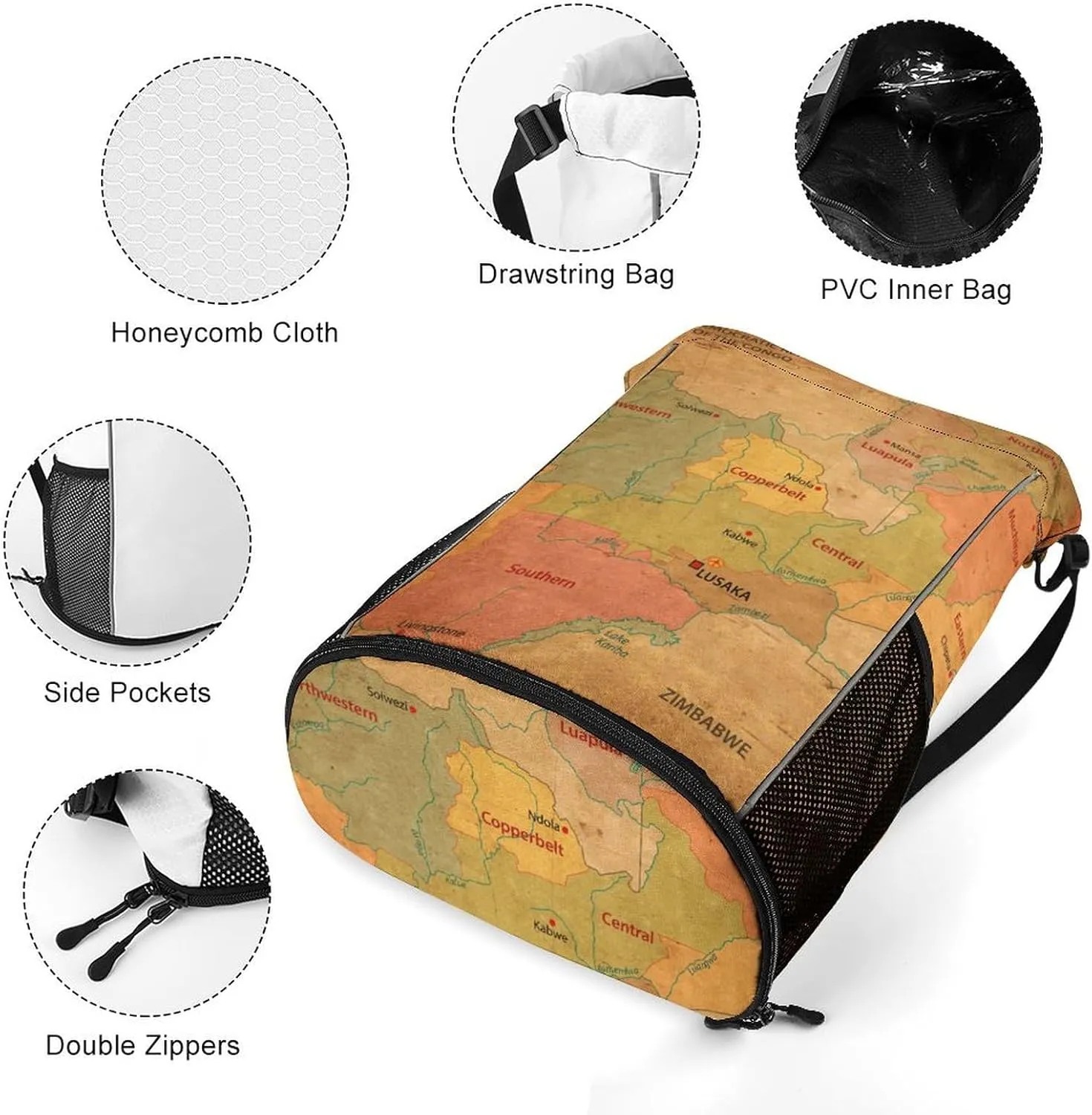 Map of Zambia Storage Bag Drawstring Sports Pocket Backpack, Shoe Bags, Multi-Function Bags