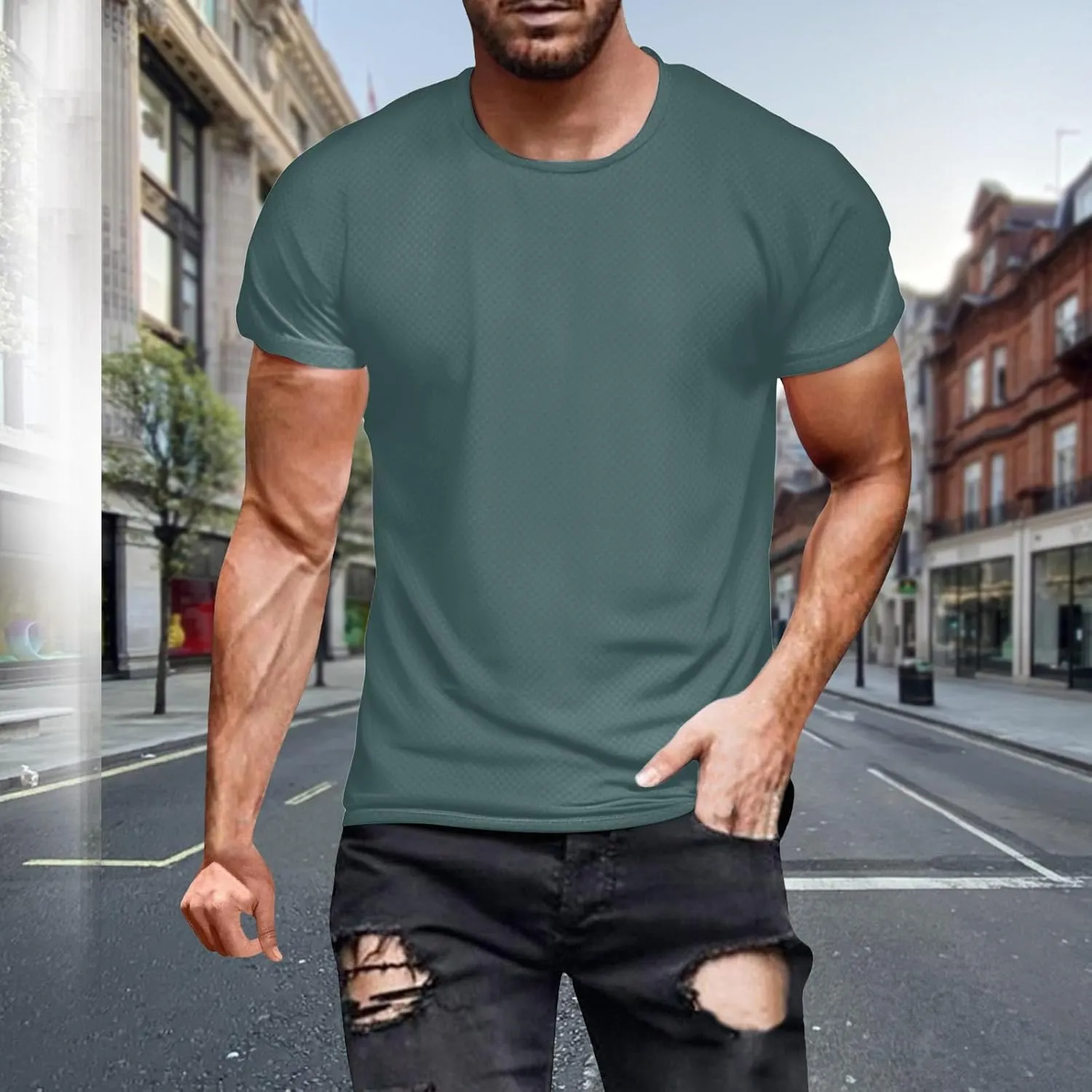 Men Casual Shirts Plus Size Short Sleeve Crewneck Solid Tee Tops Quick Dry Breatheable Mesh Athletic Workout Shirt