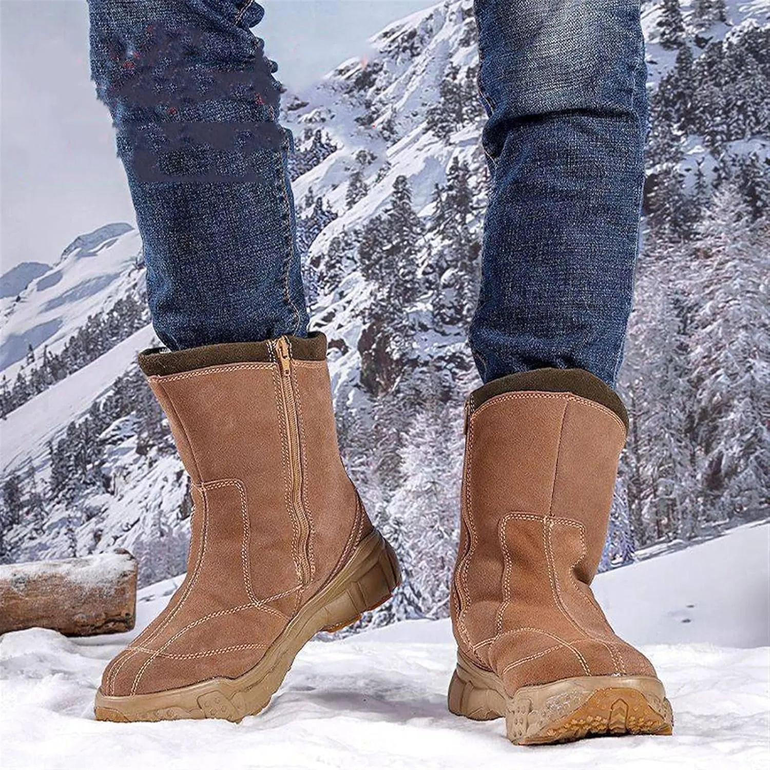 Men Non Slip Snow Boots, Men's Winter Warm Side Zipper Fur Lined Mid Calf Snow Boots, Comfortable Waterproof Hiking Boot, for Cold Weather, Lightweight Outdoor Athletic