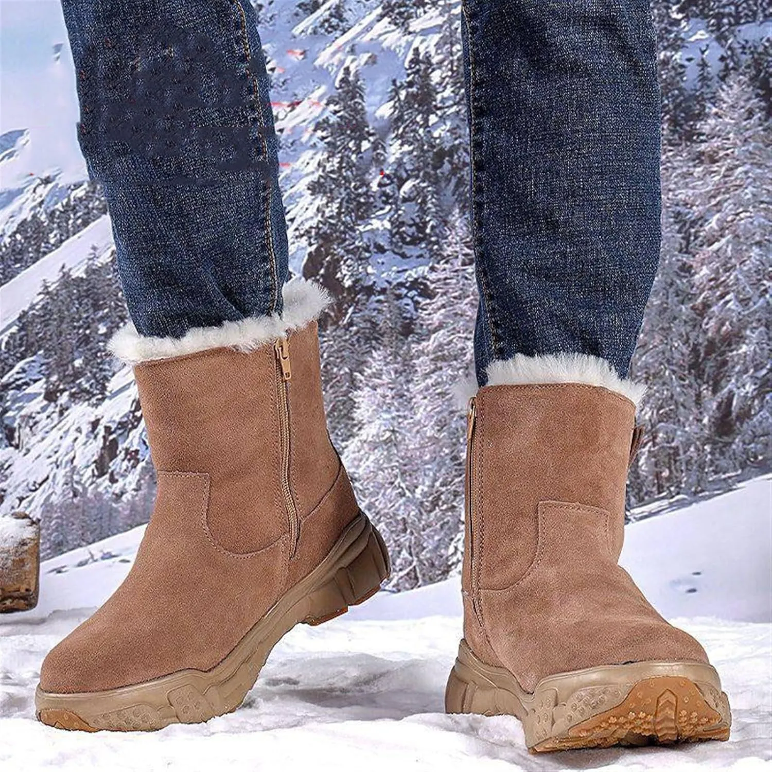 Men Non Slip Snow Boots, Men's Winter Warm Side Zipper Fur Lined Mid Calf Snow Boots, Comfortable Waterproof Hiking Boot, for Cold Weather, Lightweight Outdoor Athletic