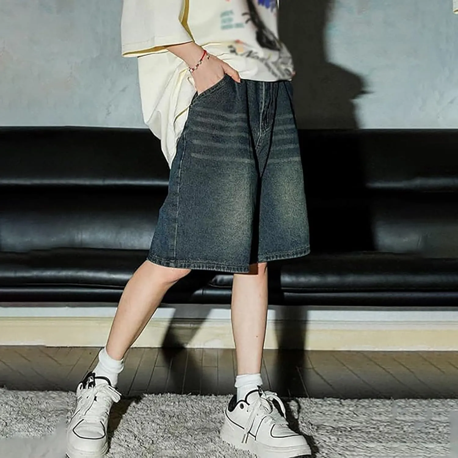 Men's Baggy Jeans Shorts Y2K Wide Leg Loose Hip-Hop Denim Shorts High Waisted Casual Fashion Jorts Streetwear with Pockets