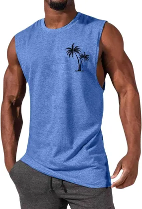 Mens Beach Tank Tops Summer Palm Tree Print Sleeveless Undershirts Hawaiian Vacation Tee Tops Muscle Fit Basic Tees