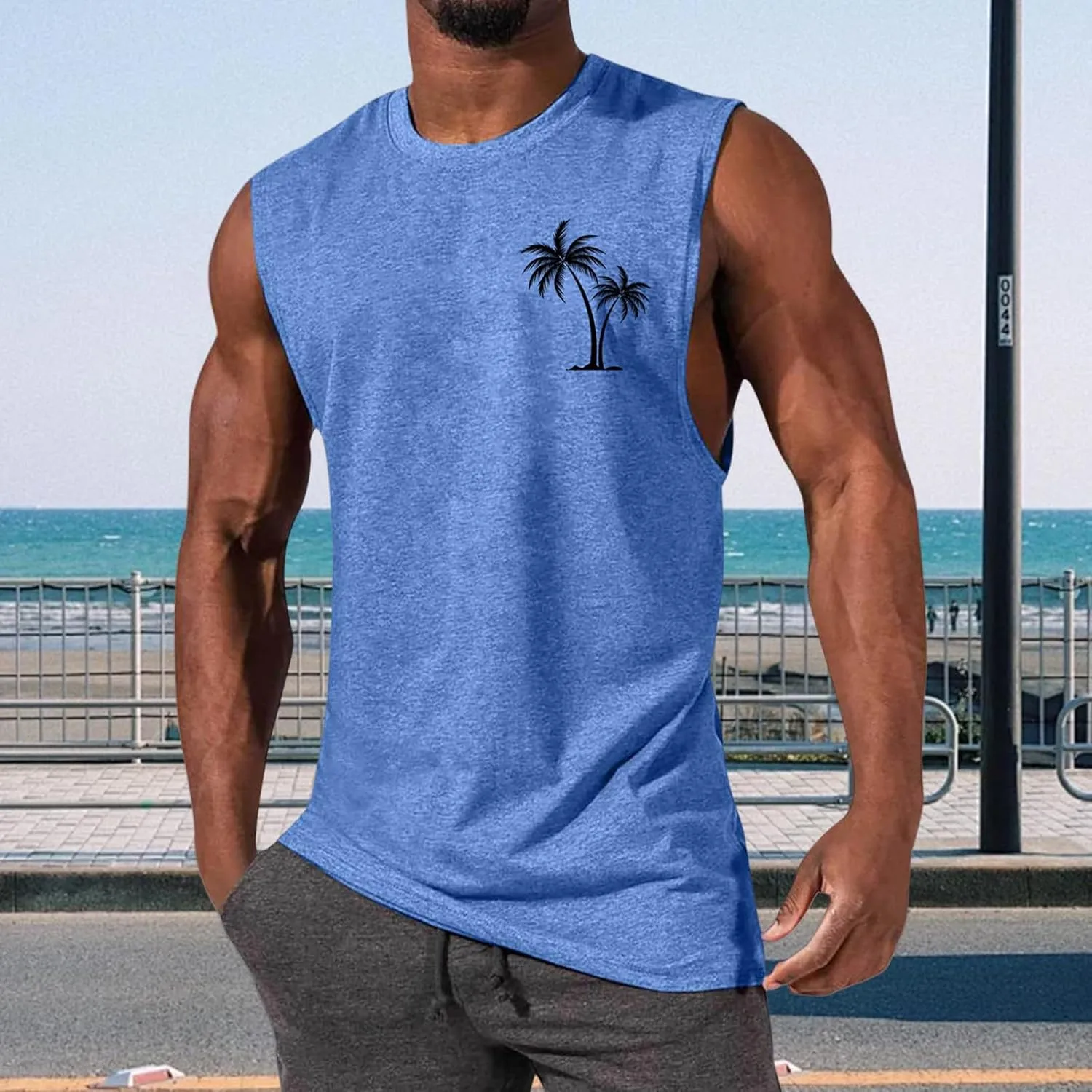 Mens Beach Tank Tops Summer Palm Tree Print Sleeveless Undershirts Hawaiian Vacation Tee Tops Muscle Fit Basic Tees