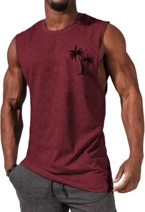 Mens Beach Tank Tops Summer Palm Tree Print Sleeveless Undershirts Hawaiian Vacation Tee Tops Muscle Fit Basic Tees
