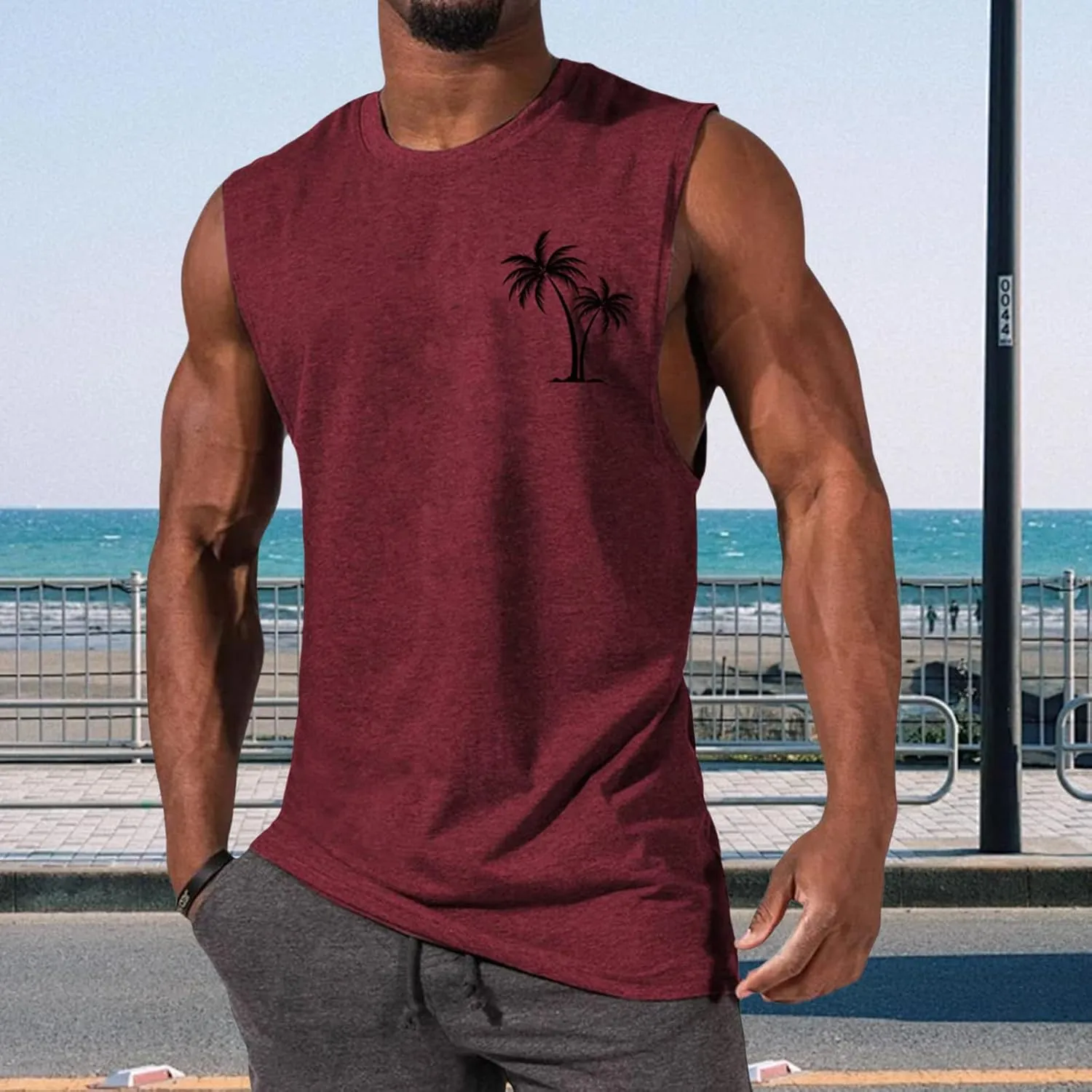 Mens Beach Tank Tops Summer Palm Tree Print Sleeveless Undershirts Hawaiian Vacation Tee Tops Muscle Fit Basic Tees