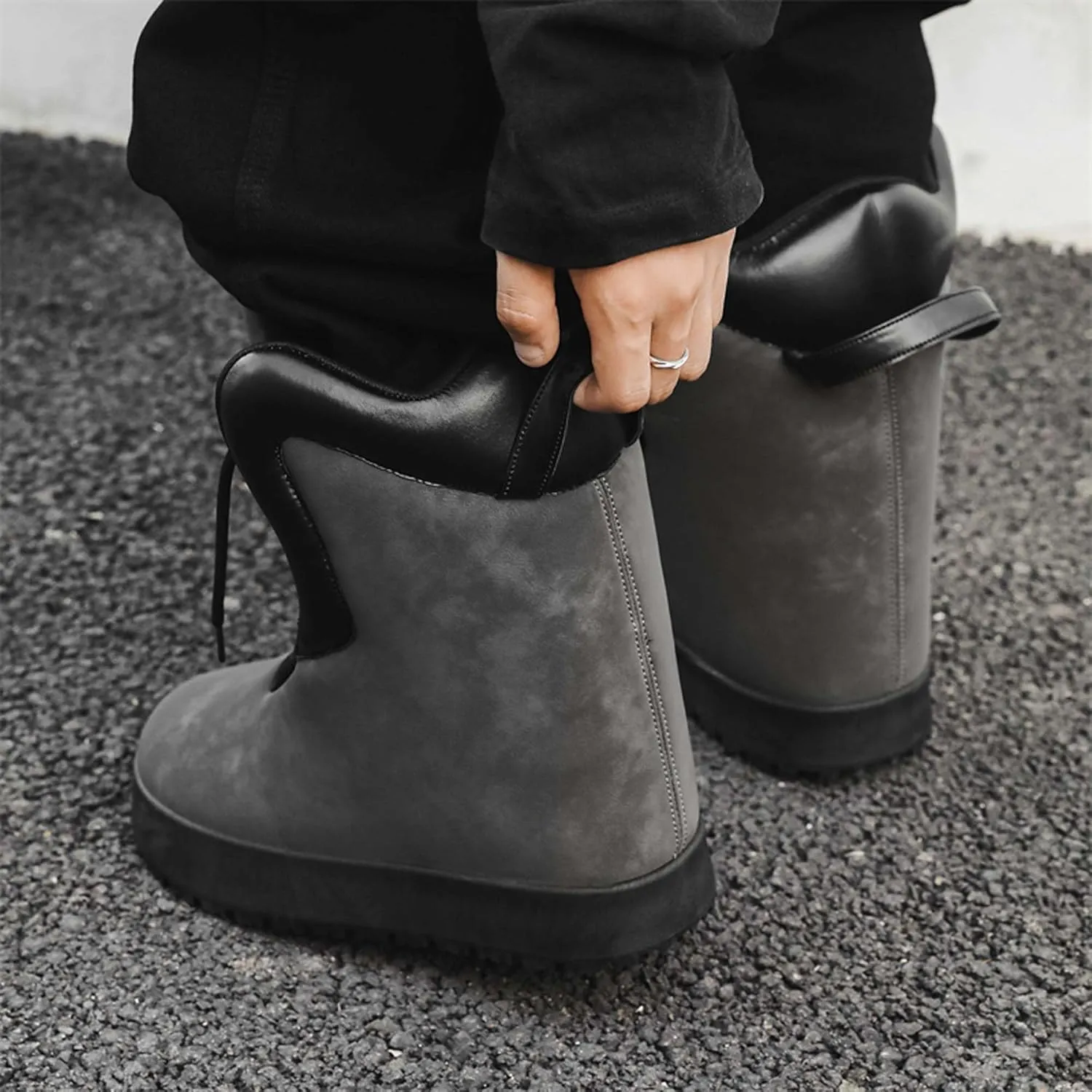 Men's Big Yellow Boots - Casual Snow Boots - Black Leather Lace-Up Platform Round Toe Boots - Winter