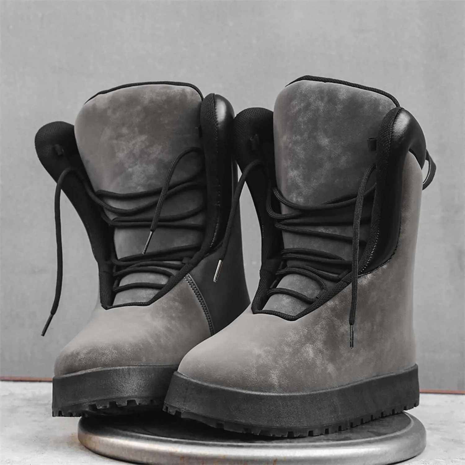 Men's Big Yellow Boots - Casual Snow Boots - Black Leather Lace-Up Platform Round Toe Boots - Winter