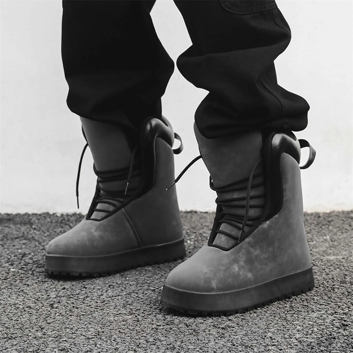 Men's Big Yellow Boots - Casual Snow Boots - Black Leather Lace-Up Platform Round Toe Boots - Winter