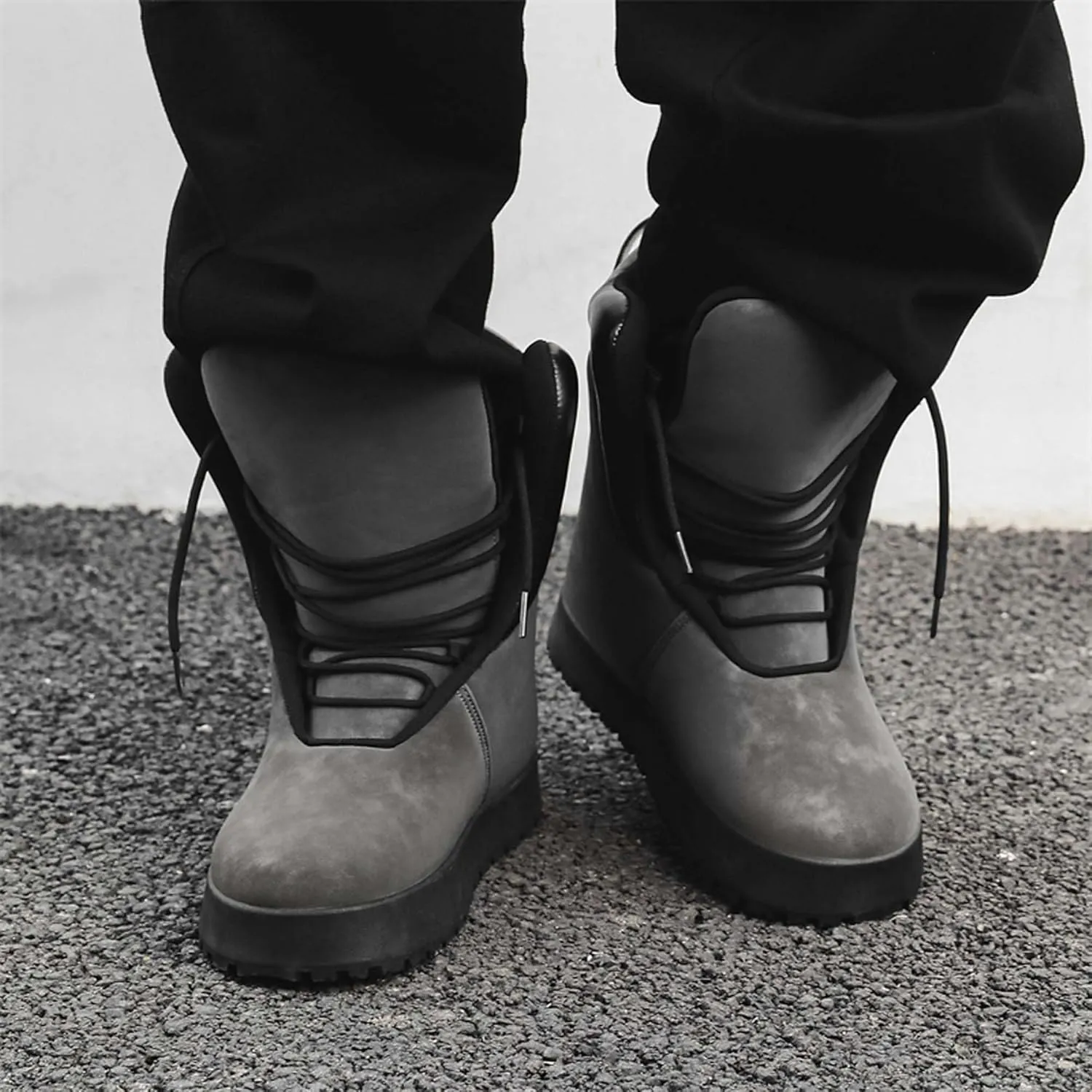 Men's Big Yellow Boots - Casual Snow Boots - Black Leather Lace-Up Platform Round Toe Boots - Winter