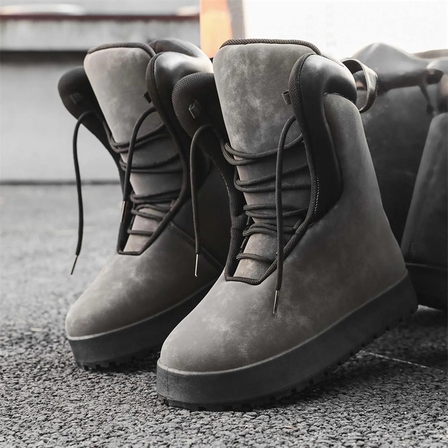 Men's Big Yellow Boots - Casual Snow Boots - Black Leather Lace-Up Platform Round Toe Boots - Winter