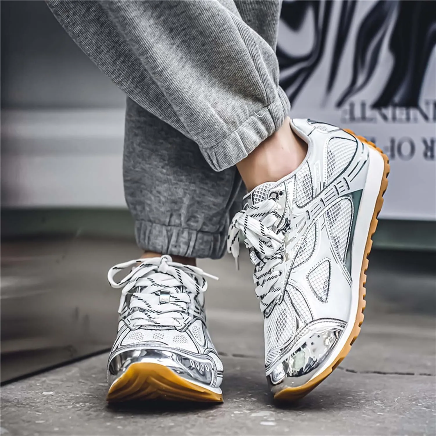 Men's Breathable Running Shoes Anti Slip Fitness Casual Sports Basketball Tennis Fashionable Cross Training Shoes Silver
