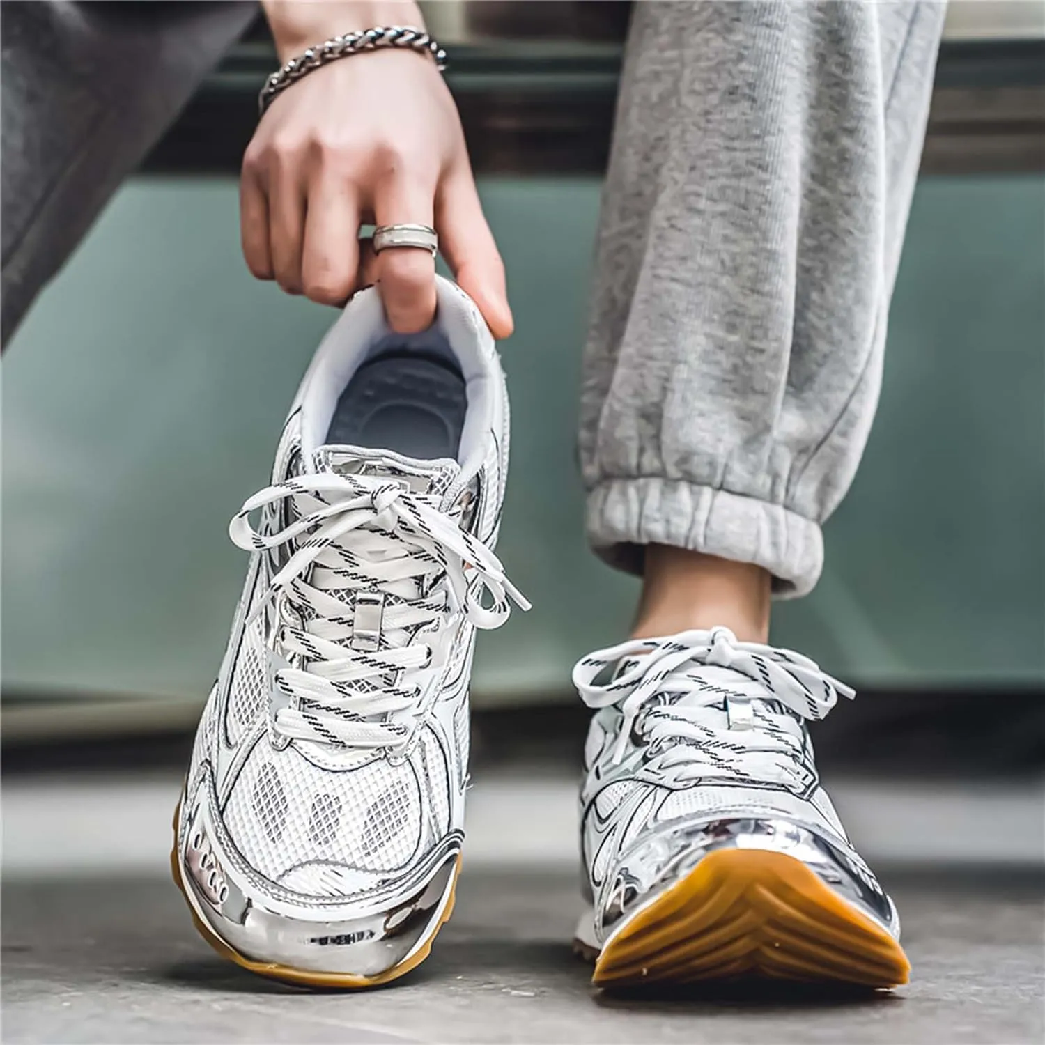 Men's Breathable Running Shoes Anti Slip Fitness Casual Sports Basketball Tennis Fashionable Cross Training Shoes Silver